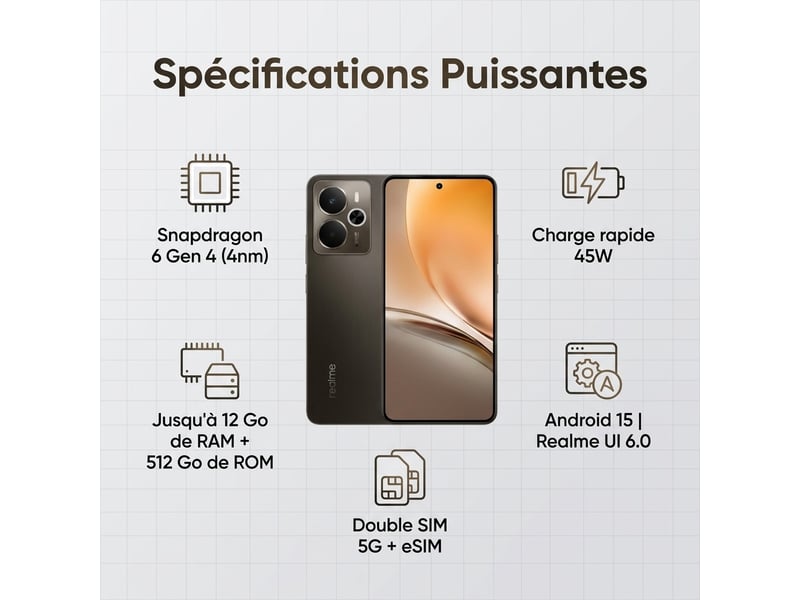  Smartphone realme 14t 5g noir 12+256go,5130mah, dimensity 6300, amoled 120hz, ip69  - Conforama E