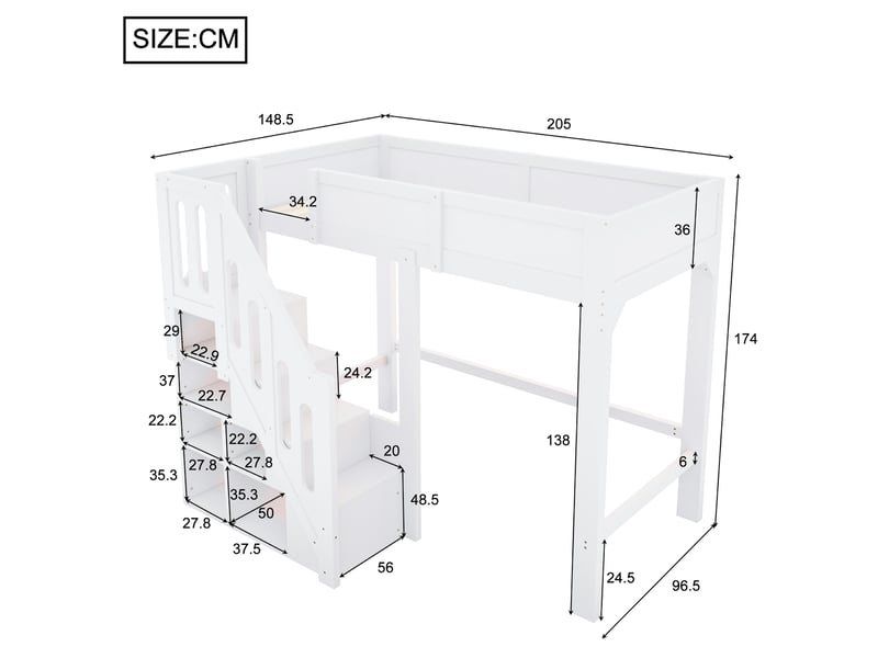  Lit mezzanine 90x200 cm, lit combiné, escalier avec rangement, éclairage led, support à lattes stable, construction robuste et durable, pin blanc CozyNest - Conforama C