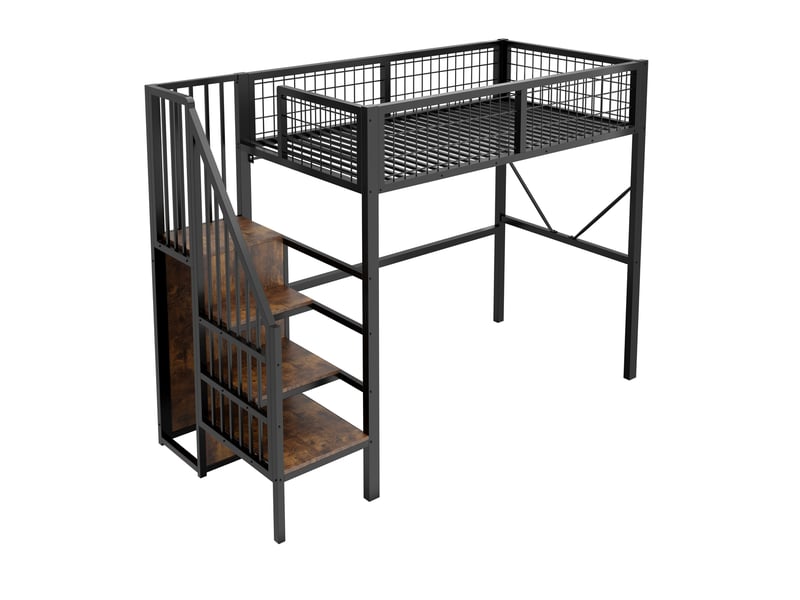 Lit mezzanine enfant 90x200 cm – noir – escalier de rangement, penderie et éclairage led - sans matelas - Conforama D