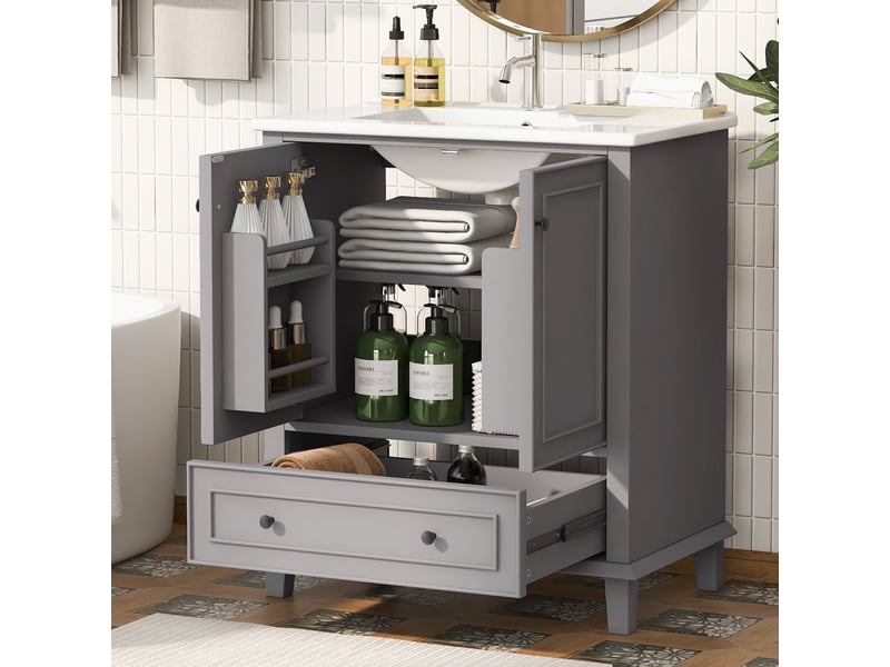  Meuble sous vasque avec 2 portes, 1 tiroir et étagère réglable, vasque en céramique pour salle de bain, 76×46×87 cm  - Conforama B
