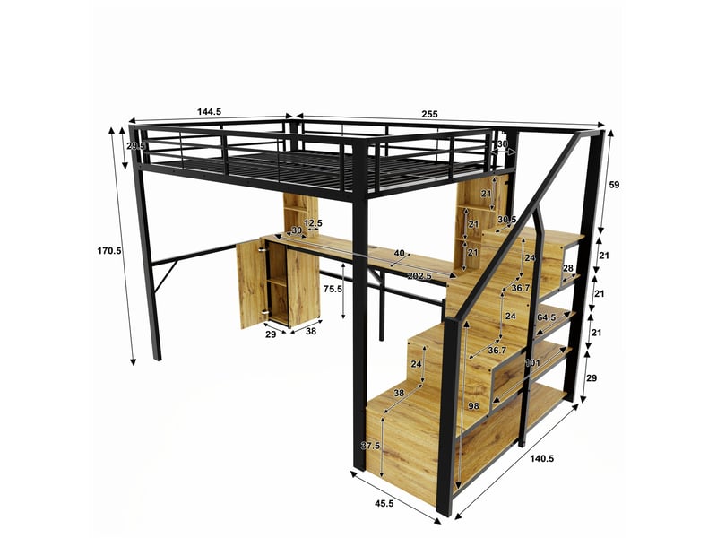  Lit mezzanine 140 × 200 cm 2 places avec bureau, armoire, étagères et usb, sans matelas, métal noir  - Conforama D