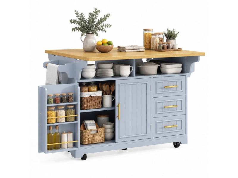  Îlot de cuisine mobile avec plateaux rabattables - lpospi - 3 tiroirs, rangement, mdf bleu 120 × 40 × 95 cm  - Conforama A