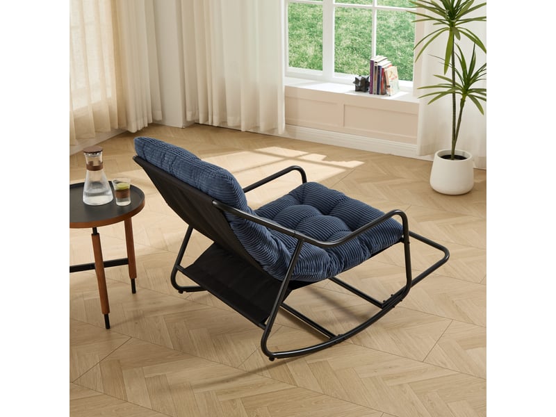  Fauteuil à bascule extérieur en acier noir avec coussin bleu marine  - Conforama E