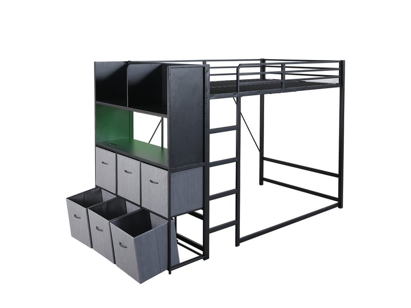  Lit mezzanine,120x200 cm,avec échelle tiroirs,led,charge,métal bois,noir et gris  - Conforama A