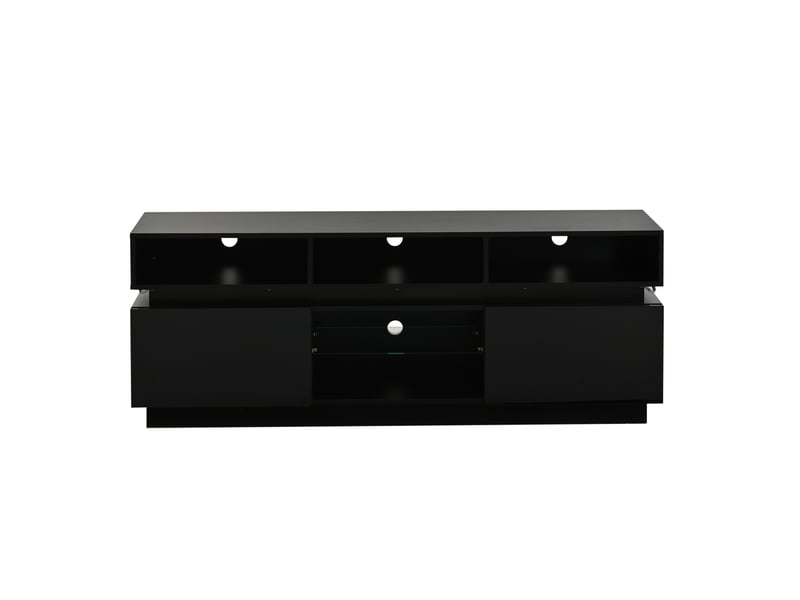  Meuble tv 160 cm noir, led, finition brillante, verre trempé et 10 espaces de rangement Fay Lum - Conforama E