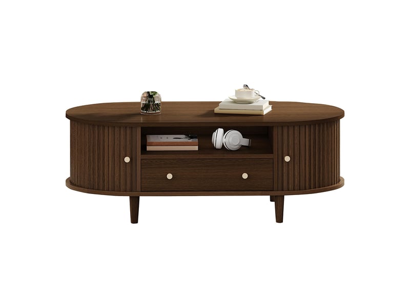  100 x 50 x 36 cmtable basse avec un tiroir et des espaces de rangement ouverts, équipée d'un volet roulant, 4 pieds, couleur noyer  - Conforama A