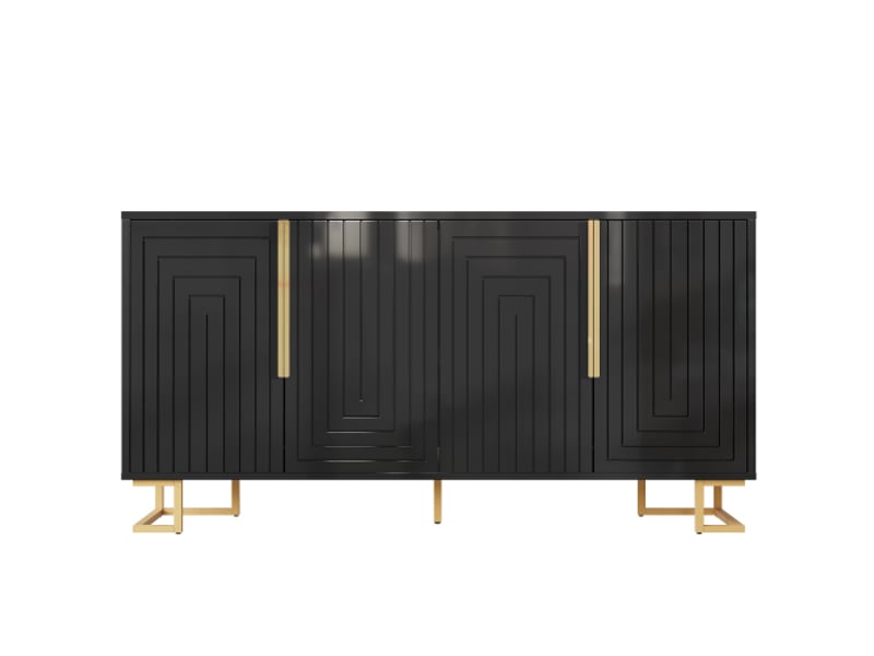  Buffet noir 152×40×75 cm – design géométrique, poignées et pieds dorés, meuble moderne chic  - Conforama A