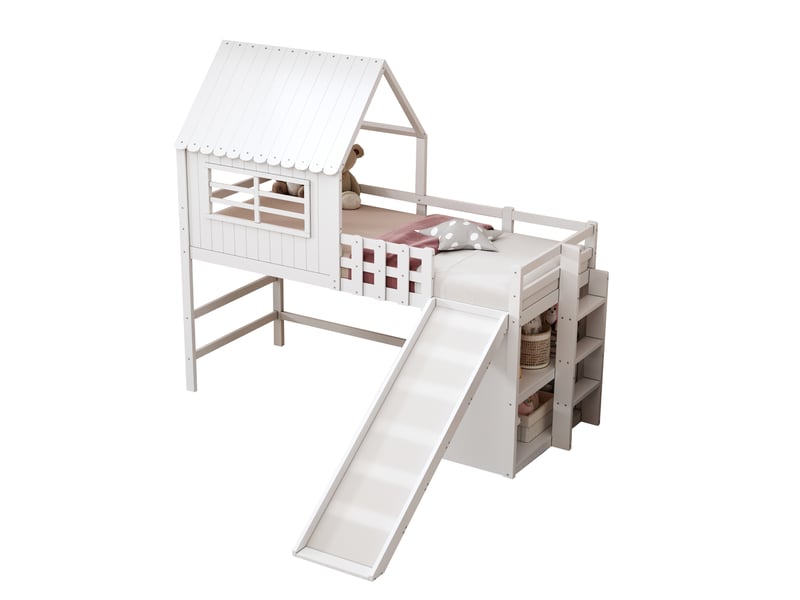  Lit mezzanine enfant avec toboggan, bois massif blanc, 90x200 cm, échelle et rangements multi-niveaux  - Conforama D