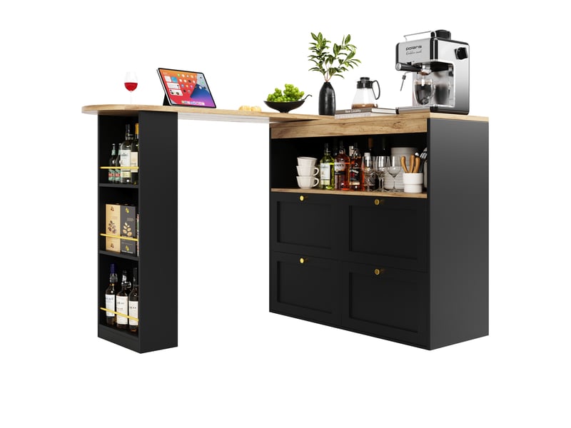  Meuble bar rotatif 360° 105x39x102 cm, avec 4 tiroirs et étagères ouvertes, meuble de rangement multifonction en mdf  - Conforama A