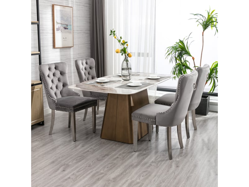 Lot de 2 chaises de salle à manger en velours gris, bois massif, capitonné, pieds chromés - design moderne - Conforama D