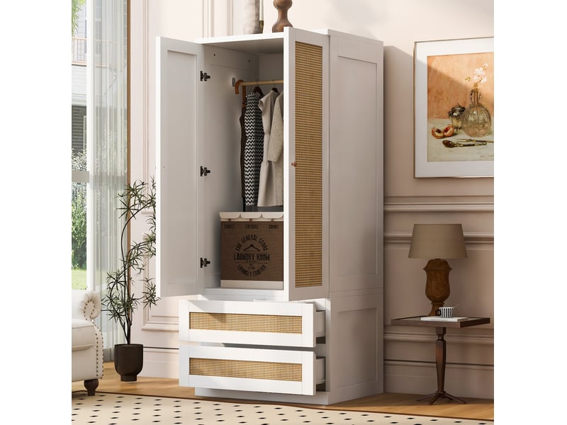  Armoire avec 2 portes, 2 tiroirs et grand compartiment, portes effet rotin, pour chambre, blanche, 70 × 55 × 170 cm  - Conforama C