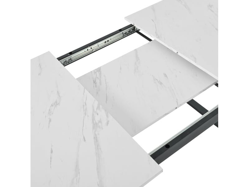 Table de salle à manger extensible, 140-180x80x75 cm, motif marbre pour la, plateau mdf, piètement métal, coloris blanc - Conforama E
