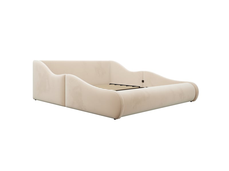  Lit enfant rembourré avec barrières 140x200 cm, tête de lit haute, cadre enveloppant, couchage encastré, velours beige Radiant Stride - Conforama E