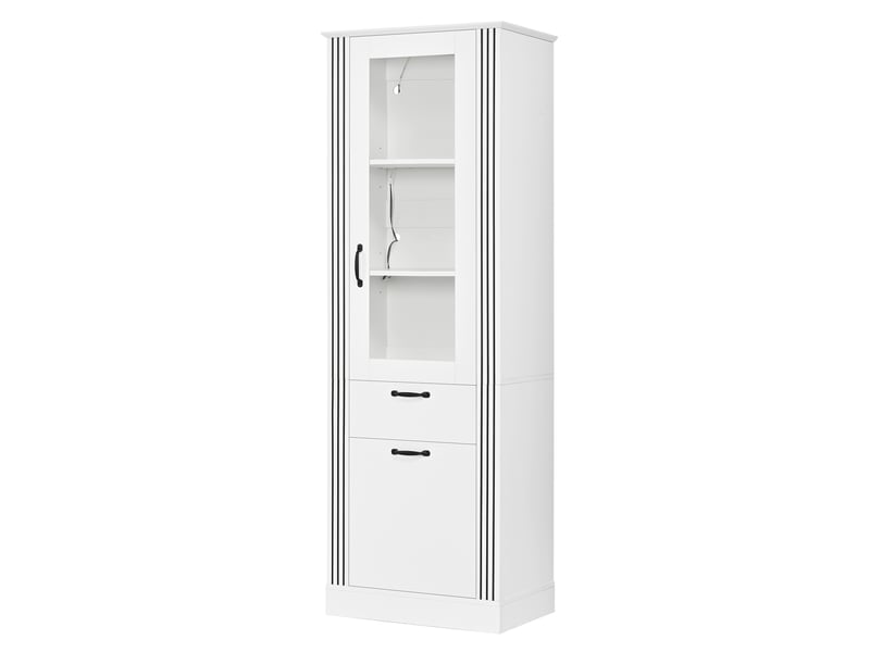  Vitrine avec porte miroir, éclairage led pilotable par application, tiroir et rangement, étagères, corps en panneaux de particules, poignées aluminium  - Conforama A