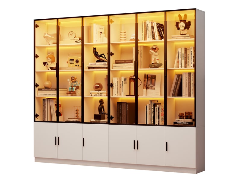  Vitrine haute 240x32x200 cm blanche avec 12 portes en verre et éclairage led  - Conforama A