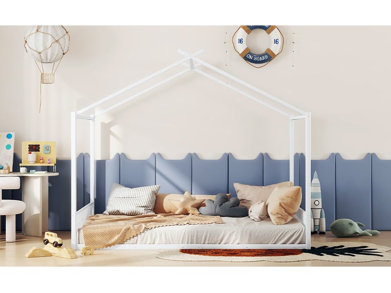  Lit enfant blanc 140x200 - cadre métal - design maison moderne, robuste - sans matelas  - Conforama D