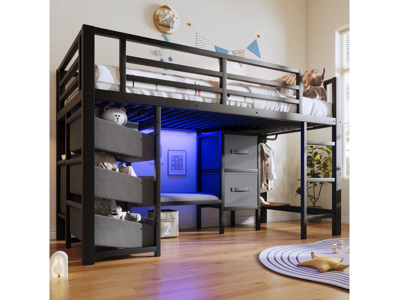 Lit mi-hauteur tcqpz 90 x 200 cm en métal noir avec coussin, éclairage led multicolore, rangements et zone de suspension - Conforama E