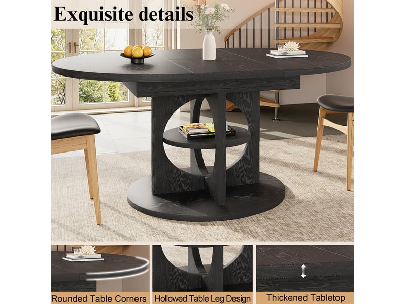 Table à manger extensible 110-150x110 cm – noir – ronde à ovale, étagère intégrée gain de place  - Conforama E