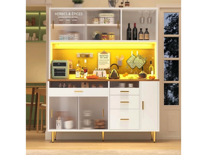  Armoire haute de salon et meuble de rangement cuisine avec led blanc  - Conforama E