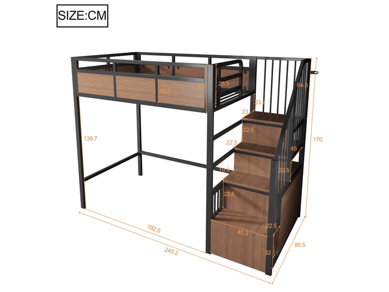  Lit mezzanine métal 90x200 noir avec éclairage led et escalier de rangement, lit surélevé robuste pour adulte et enfant.  - Conforama R