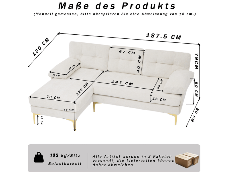  Canapé d'angle 3 places 187,5x130x79 cm réversible en bois et métal, tissu couleur beige, design moderne  - Conforama C
