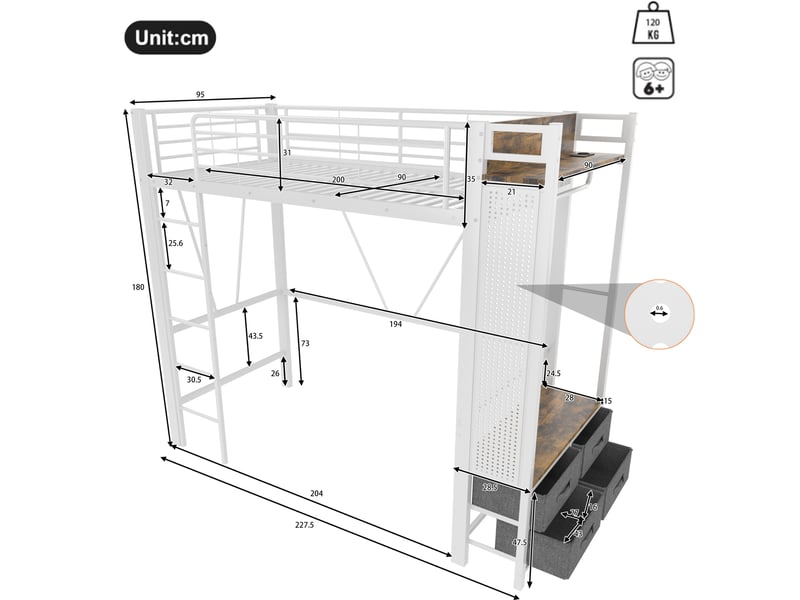  Lit mezzanine 90x200 cm avec 4 tiroirs, blanc et noir  - Conforama C