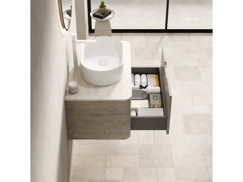  Meuble vasque suspendu 80 cm avec vasque ovale blanche en céramique et plan effet travertin  - Conforama D