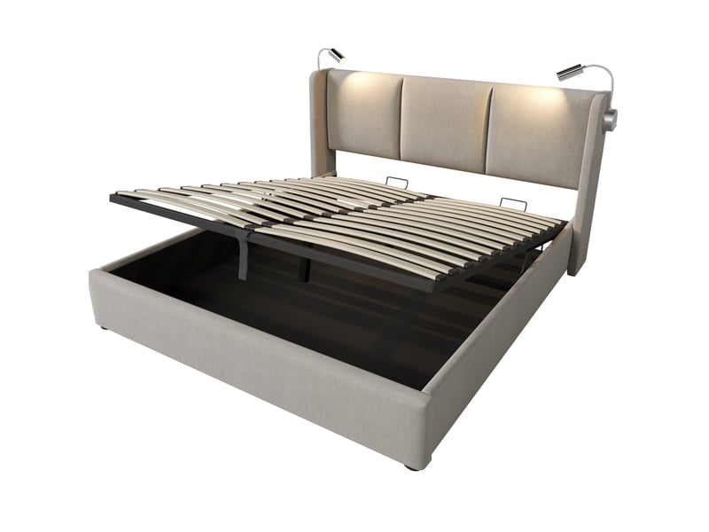  Modenvie lit coffre 140x200 cm - avec rangement, liseuse et ports usb, matelas inclus - beige  - Conforama A