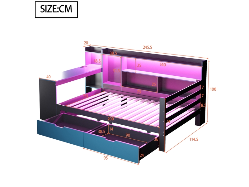 Lit enfant multifonction 90x200 cm avec bureau, rangement, led, 2 tiroirs, sommier inclus, pin et mdf noir bleu - Conforama C