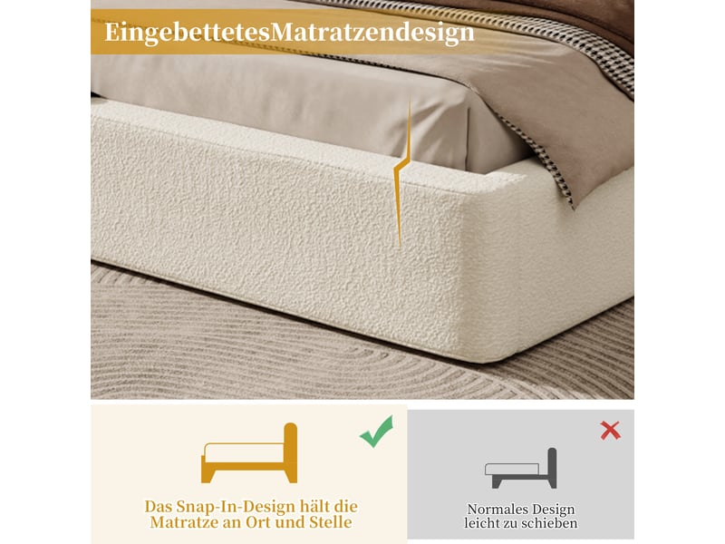  Lit rembourré 180x200 cm, tête de lit rembourrée 13,5 cm, coins arrondis, cadre encastré, sommier à lattes, bouclé - beige  - Conforama D