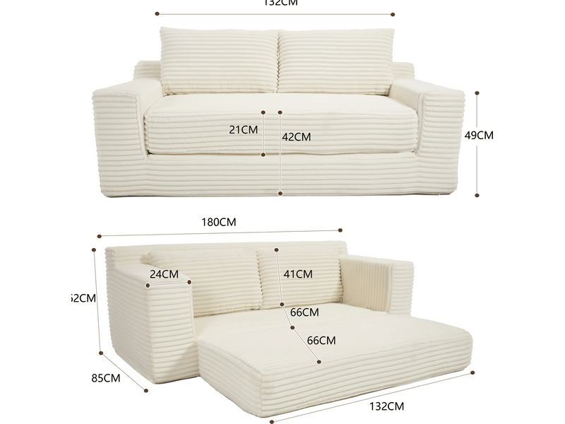  Canapé droit convertible 2 places en velours côtelé blanc, mousse à mémoire de forme, idéal pour petits espaces  - Conforama C