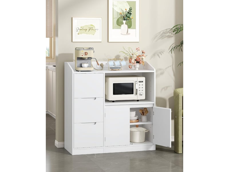 Meuble cuisine,avec plan, travail étagère pour micro-ondes, prise, 3 tiroirs et 2 portes,blanc - Conforama B