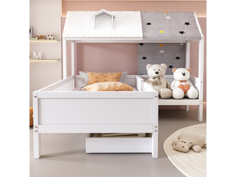  Lit enfant 90x200 cm en bois en forme de maison, lit simple multifonctionnel avec toile de tente et coussins, tiroirs en dessous, sans matelas, blanc  - Conforama R
