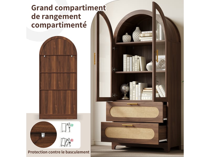  Vitrine haute 80x40x175 cm, bibliothèque avec 2 portes vitrées, 2 tiroirs et étagères réglables, arches style montmartre, marron  - Conforama D