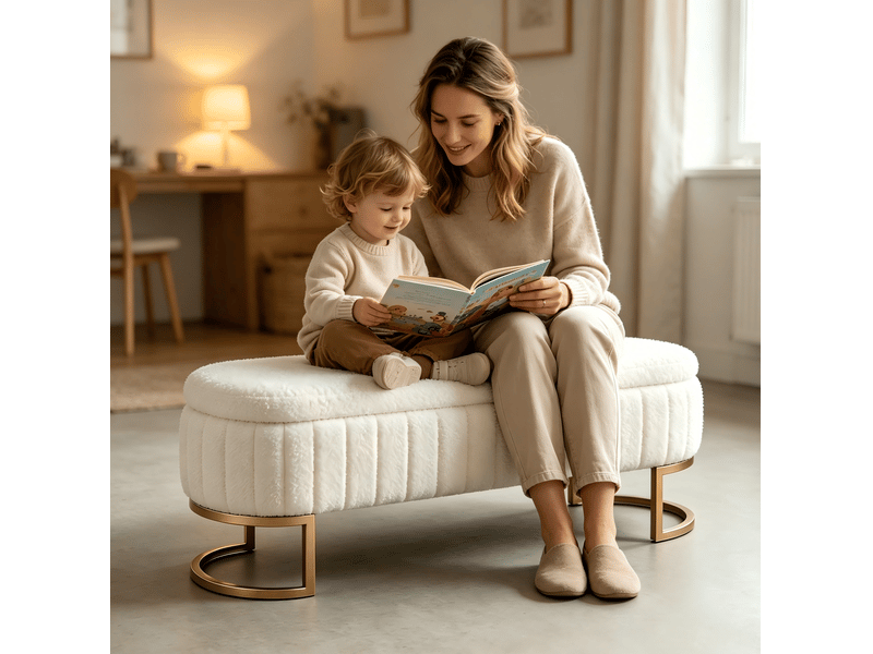  Banc coffre tcqpz en velours 129,5 x 42 x 46 cm rangement intérieur pieds métal doré crème  - Conforama E