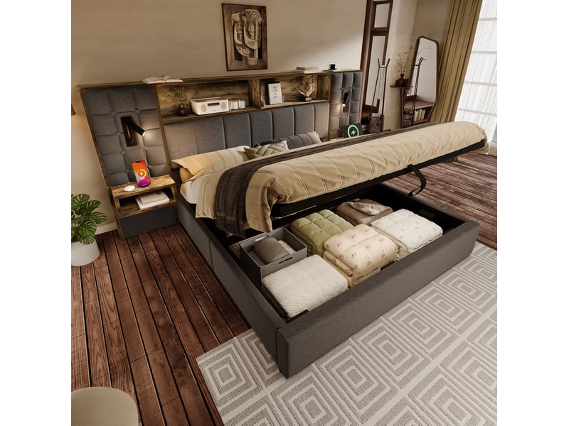  Lit coffre 160 x 200 cm gris en lin avec led, liseuses, chevets et ports usbusb-c  - Conforama B
