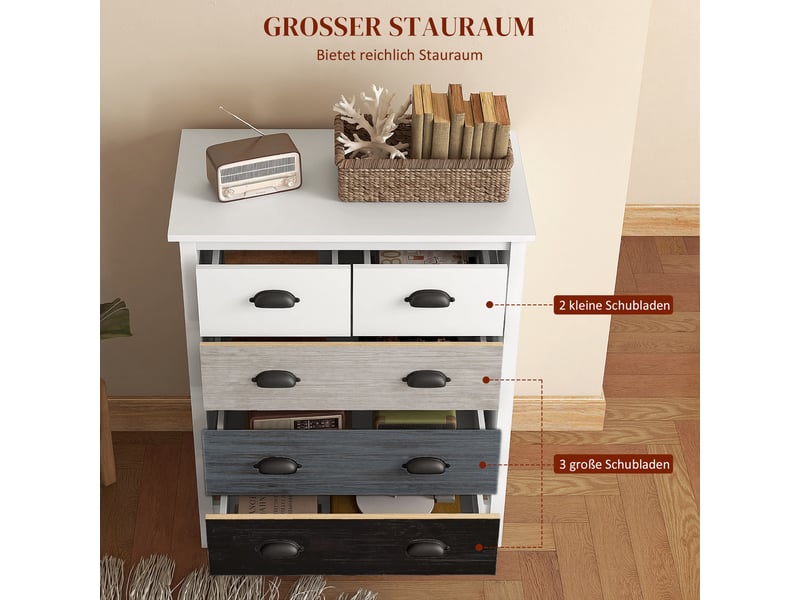 Buffet commode avec 5 tiroirs, surface laquée, en mdf et pin, dimensions 70 x 38 x 85 cm, couleur blanc - Conforama E