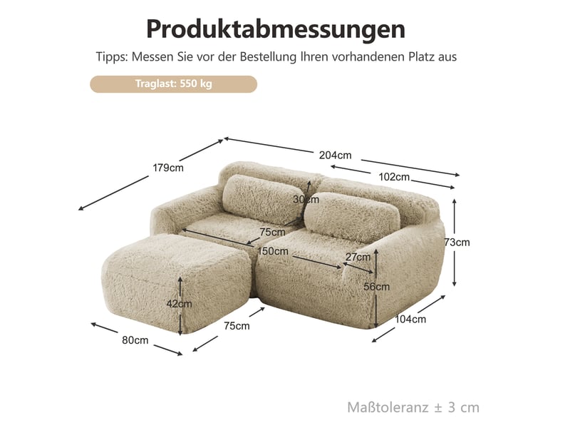 Canapé d'angle modulable 2 places en peluche kaki clair avec pouf - Conforama E