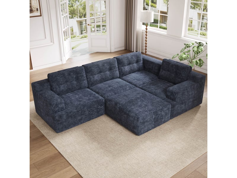  Canapé d'angle modulable 5 places 252 × 180 cm, mousse compressée, chenille bleu IKSETERA TRADING LTD - Conforama D