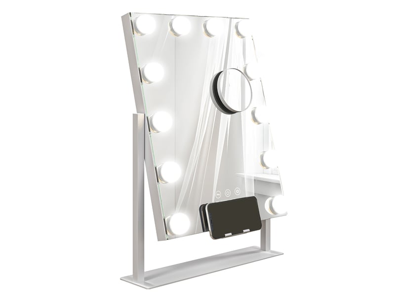 Miroir hollywood avec led 12 ampoules, luminosité réglable, rotation à 360°, grossissement 10x, touche tactile, blanc - Conforama B