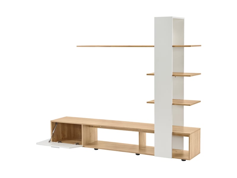  Meuble tv mural 180x33,5x151,5 cm blanc et effet bois, pour tv jusqu'à 60  - Conforama R