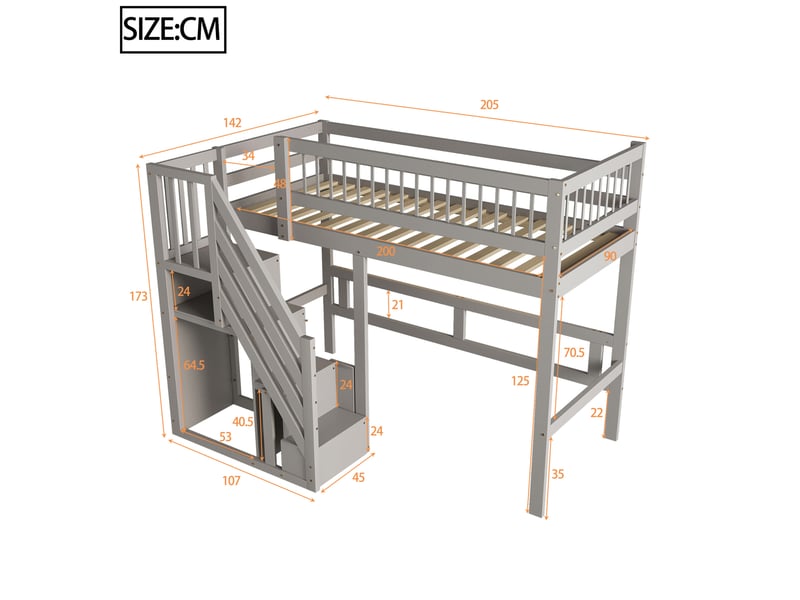  Lit mezzanine enfant et adolescent 90x200 cm avec escalier de rangement gris en bois  - Conforama C
