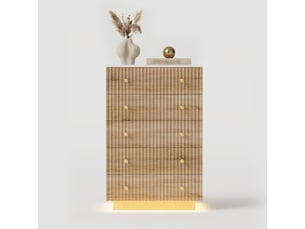Commode 5 tiroirs - 73x40x111cm - meuble de rangement en bois avec façades ondulées, poignées laiton & led rgb - chêne