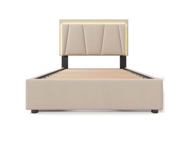  Lit simple 90x200 cm avec led et 2 tiroirs, cadre de lit avec tête de lit réglable en hauteur, beige, lit enfant avec matelas  - Conforama D