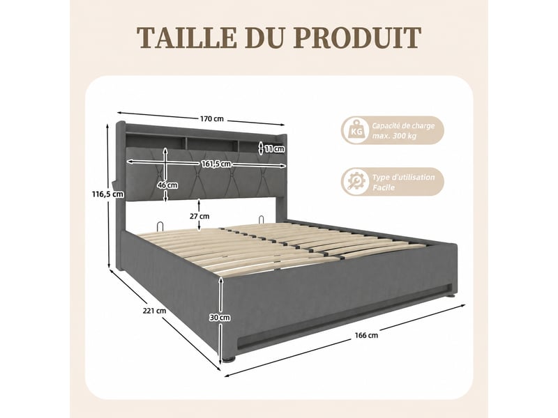  Lit coffre 160 x 200 cm en velours gris foncé, tête de lit avec rangements, led, usb et usb-c, sans matelas  - Conforama C