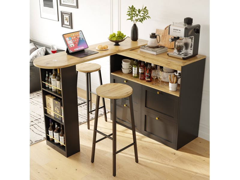  Tabouret de bar lot de 2 avec deux repose-pieds et pieds réglables, assise effet bois, en métal noir  - Conforama C