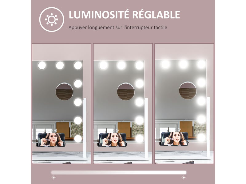 Miroir hollywood avec led 12 ampoules, luminosité réglable, rotation à 360°, grossissement 10x, blanc, touche tactile - Conforama W