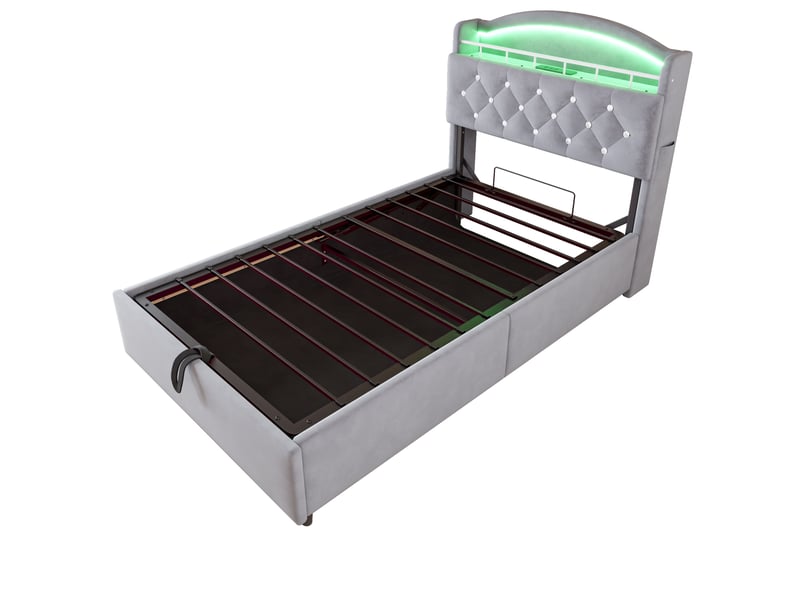  Lit simple enfant 90x200 cm, velours gris, éclairage led, prises usb, rangement sous lit et base solide  - Conforama A
