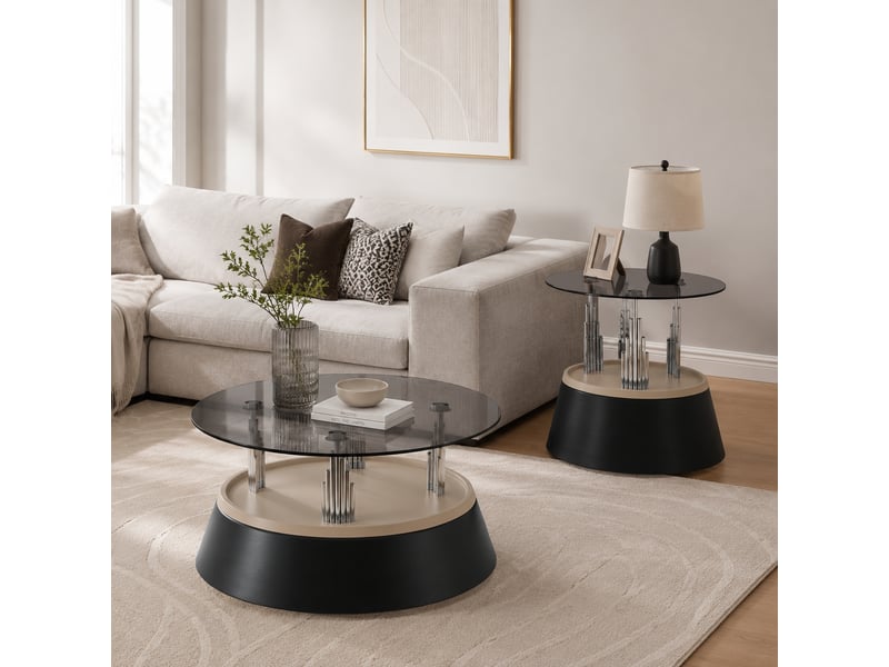  Tables basses gigognes avec 2 plateaux ronds en verre trempé, structure métal, style moderne, pour salon  - Conforama B