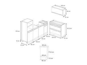 Vicco cuisine, bleu-grisblanc, 220cm plan de travail chêne doré